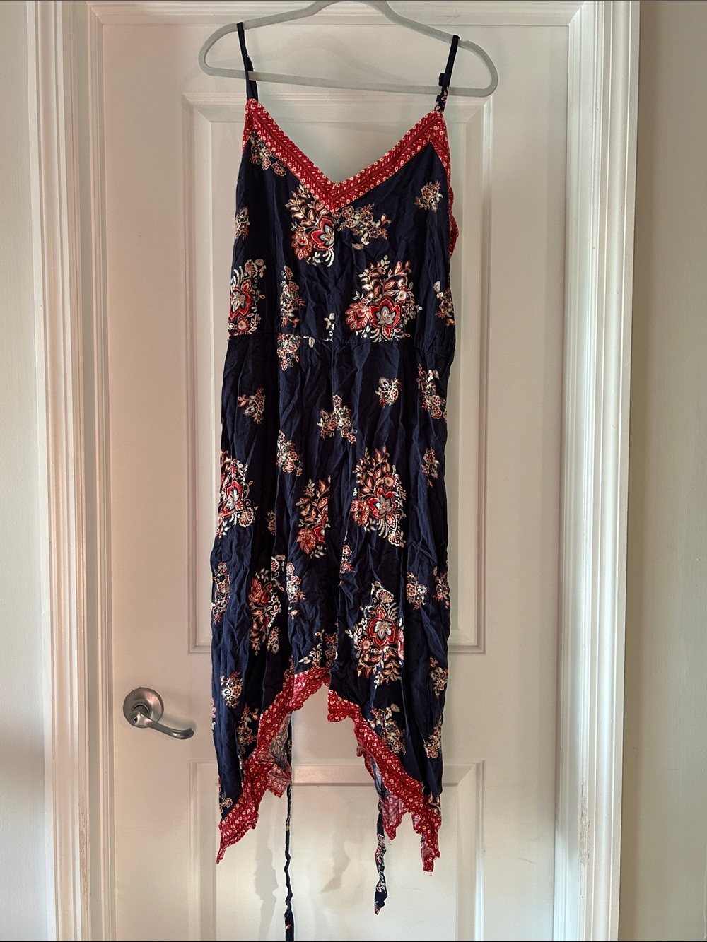 Red and blue patterned dress